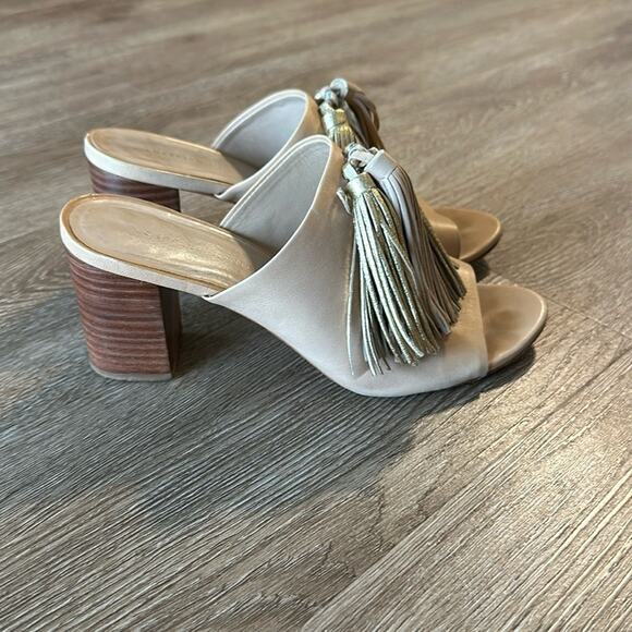 Loeffler Randall Clo Tassel Heeled Mules Tan Size 6 Cushioned Slip On - Picture 1 of 6